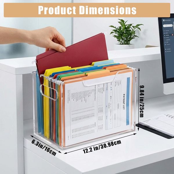 File Organizer Box for Letter Size Hanging Folders, Acrylic Desk File Holder with Portable Handle, Large Envelope File Size for Office