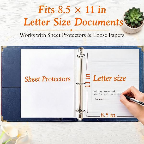 2 Pack Blue Vintage PU Smooth Texture, 3-Hole Ring Binder , Durable Retro Elegant Professional Office School Business Three-Ring Binder