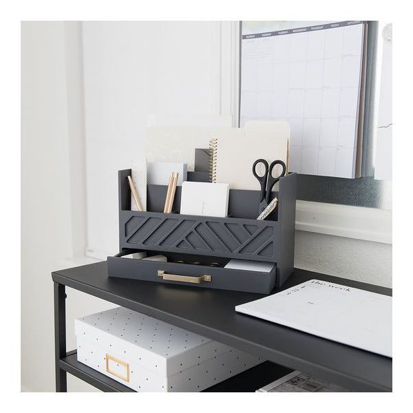 Blu Monaco Grey Desktop Mail Organizer – Three-Tiered with Gold Label Holders and Drawer