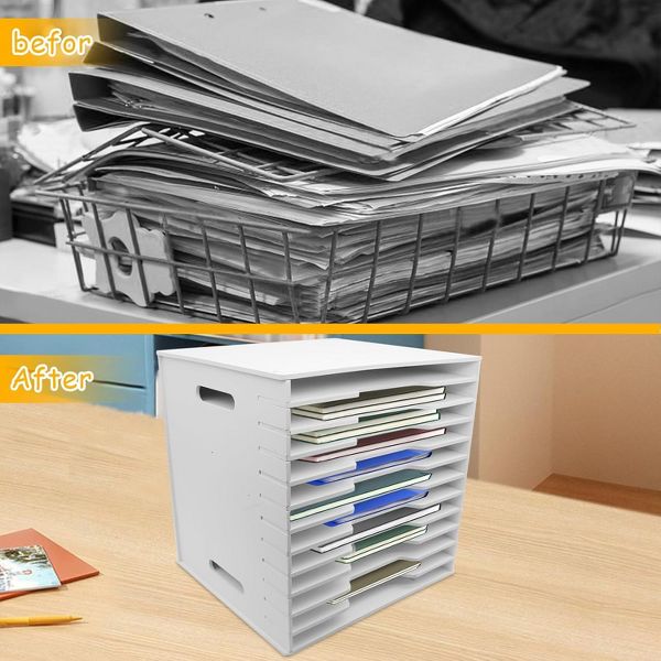 12-Tier Adjustable Paper Storage Rack, PVC Desktop File Organizer Shelf with Wooden Bookshelf Design, Durable Multi-Layer Document Holder for Office