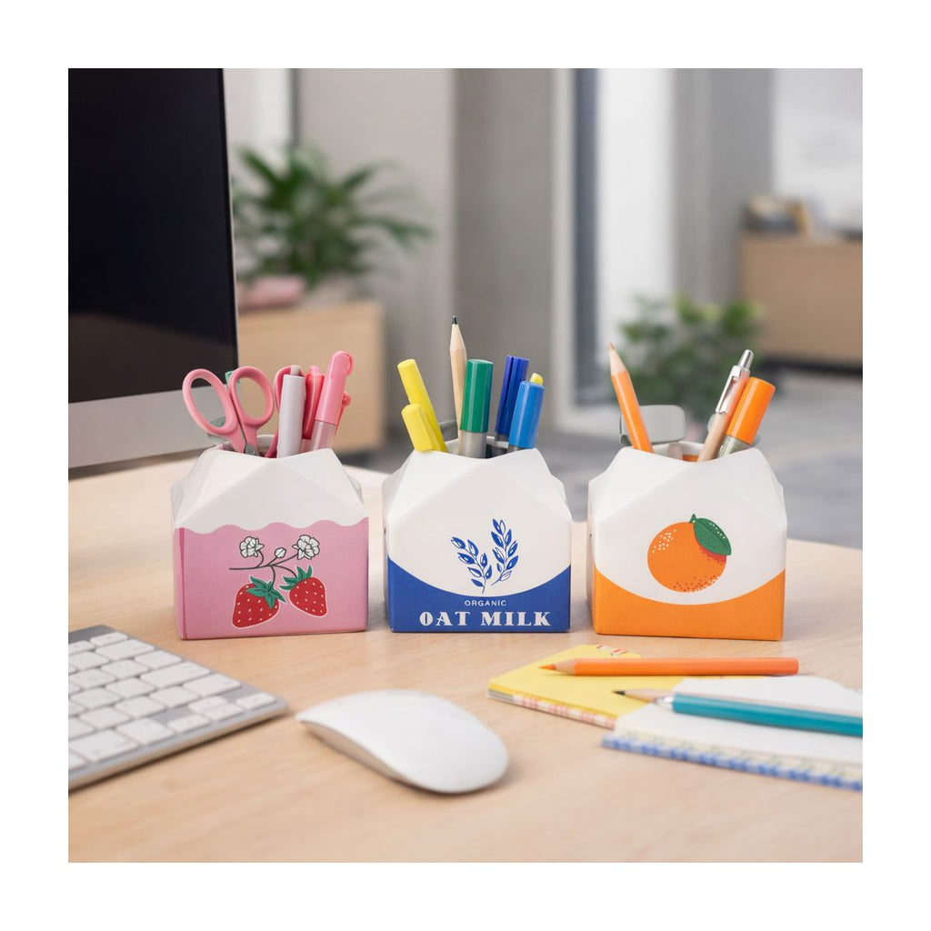 Ceramic Juice and Milk Carton Pencil Cups for Desk Organizer - Small Office Storage Destop Organizer for Workspace Decor - Set of 3, 4", Pink & Orange