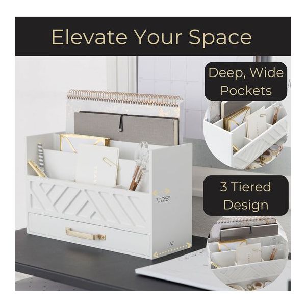 Blu Monaco Black Mail Organizer with Drawer and Gold Handle - Desktop Mail Holder and Office Supplies Storage