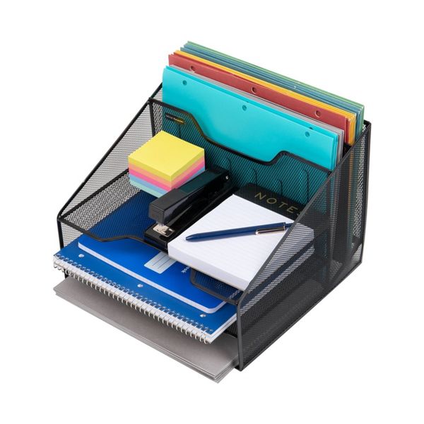 5 Compartment Mesh File Organizer Black - Mind Reader: Metal Desktop Shelving, Office Supplies, Desk File Organizer