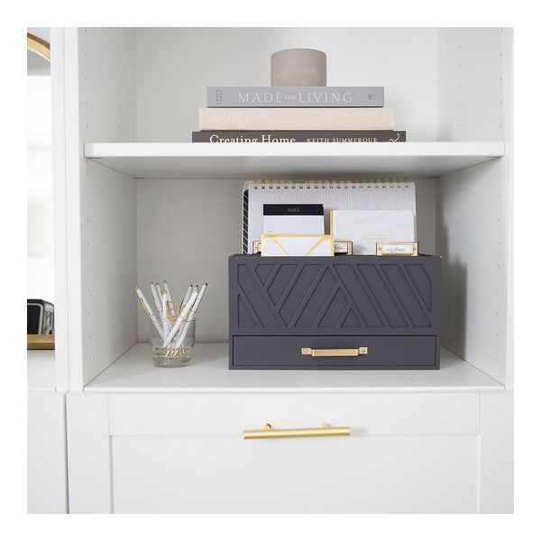 Blu Monaco Grey Desktop Mail Organizer – Three-Tiered with Gold Label Holders and Drawer
