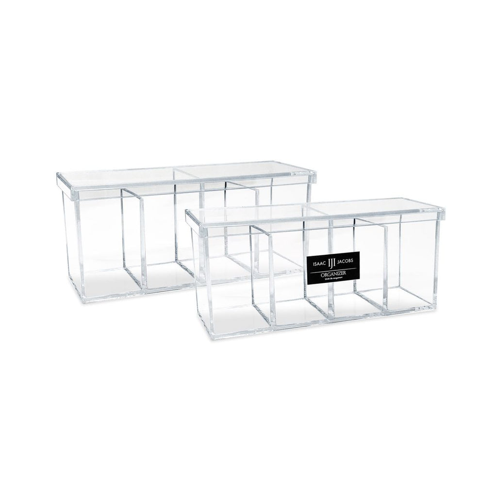 Isaac Jacobs 2-Pack 4-Compartment Clear Acrylic Organizers with Lid (9” L x 3” W x 4” H), Makeup Brush Holder, Sectional Tray (2, Clear)
