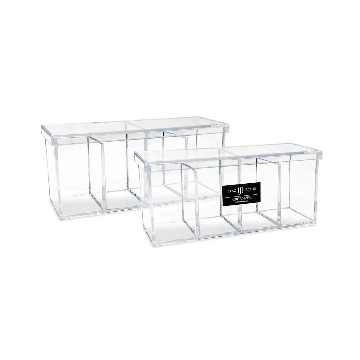 Isaac Jacobs 2-Pack 4-Compartment Clear Acrylic Organizers with Lid (9” L x 3” W x 4” H), Makeup Brush Holder, Sectional Tray (2, Clear)