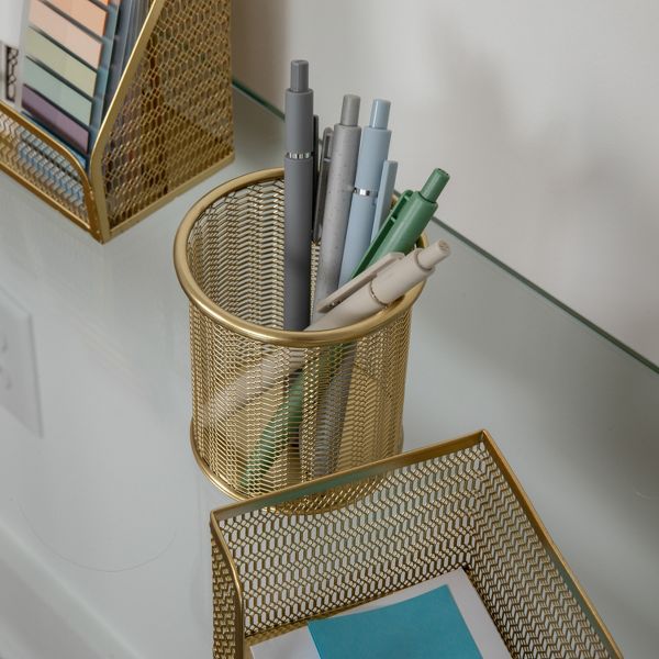 Martha Stewart Premium 6 Piece Mesh Metal Desktop Office Supplies Organizer Set in Gold