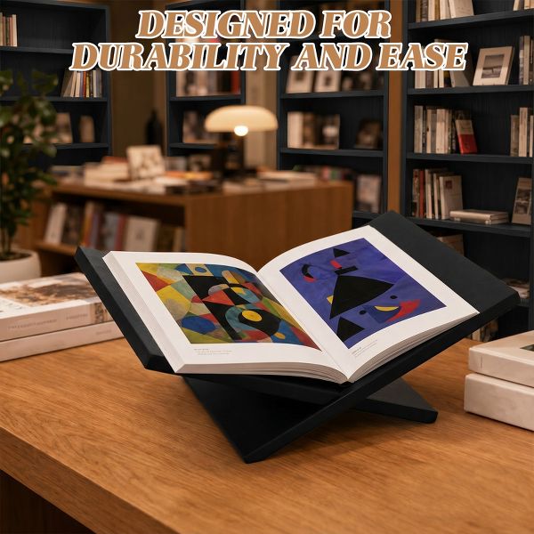 Minimalist Collapsible Wood Book Stand – Matte Black Adjustable Triangle Book Holder – Ergonomic Hands-Free Stand for Desk and Reading