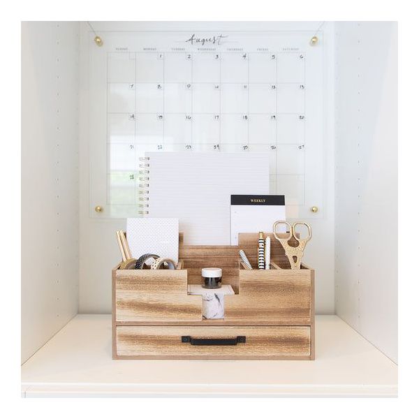 Blu Monaco Wooden Desktop Organizer Large Desk Accessories and Workspace Organizers - Office Organizer with Drawer in Natural Wood