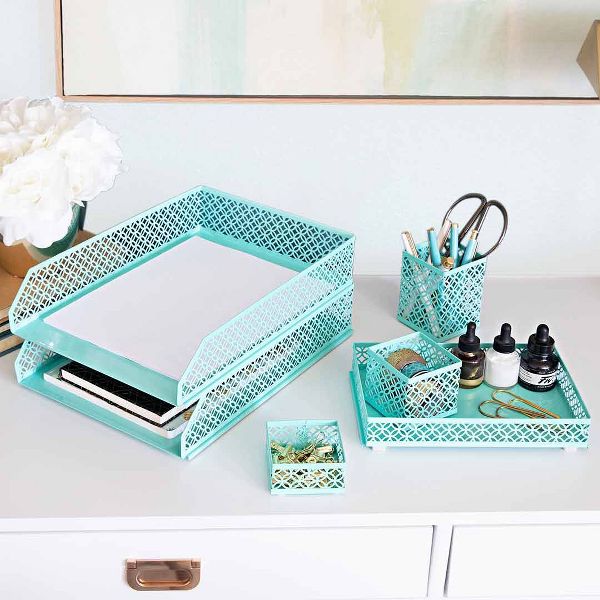 Blu Monaco 6 Piece Interlocking Aqua Desk Organizer Set - Office Organizer - Pen Cup, 3 Accessory Trays, 2 Letter Trays