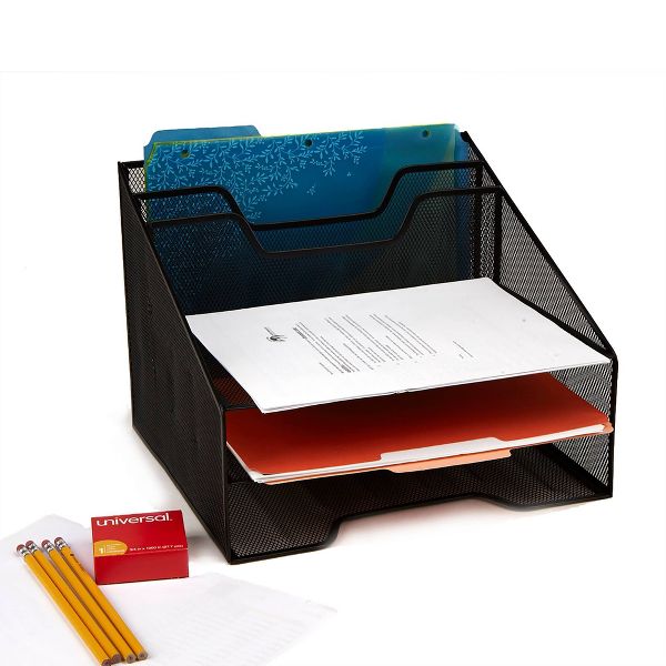 5 Compartment Mesh File Organizer Black - Mind Reader: Metal Desktop Shelving, Office Supplies, Desk File Organizer