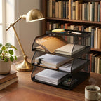 Stackable Mesh Desk Organizer -Metal Document Tray with Top Shelf - Slanted Letter & Folder Holder -for Office or School Desktop Storage，3 layers