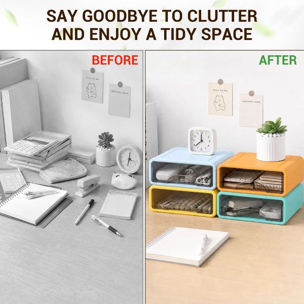 Stackable Storage Drawer with Dividers, Transparent PP Material Desktop Organizer, Durable Thickened Storage Container, Small Size, Set of 4, Color