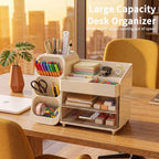 Large Capacity Desk Organizer with 2 Clear Drawers & Pen Holder, 35cm Black Desktop Storage Rack for Office, School & Home Supplies