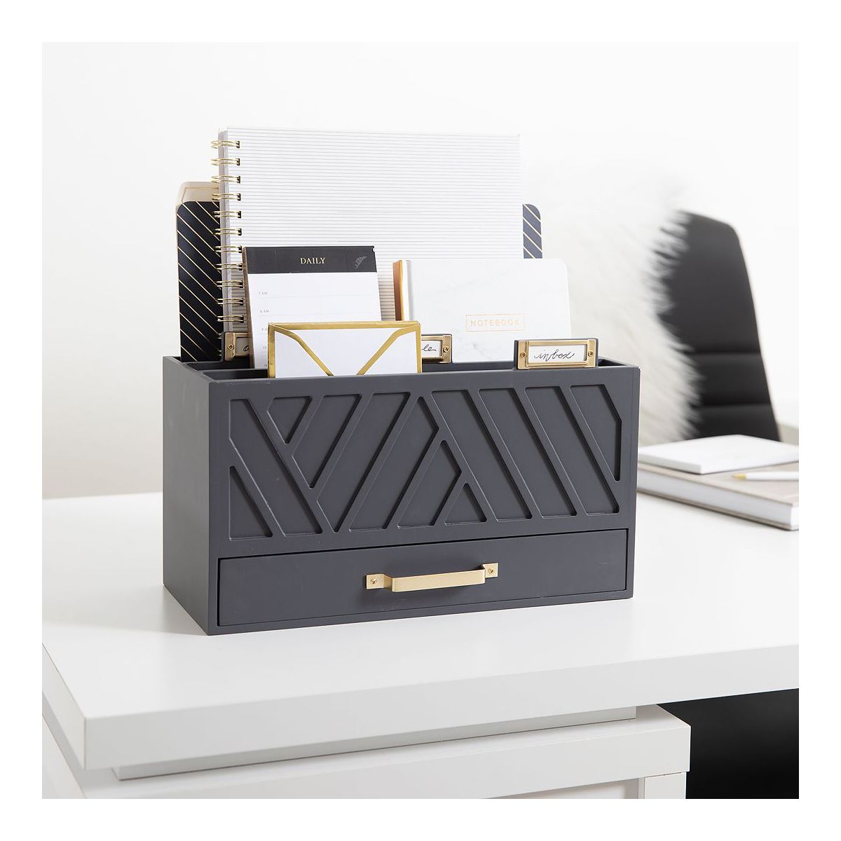 Blu Monaco Black Mail Organizer with Drawer and Gold Handle - Desktop Mail Holder and Office Supplies Storage
