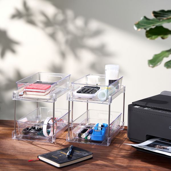 Sorbus 2 Pack Clear 2-Tier Pull-Out Desk & Office Supply Storage Organization Bins