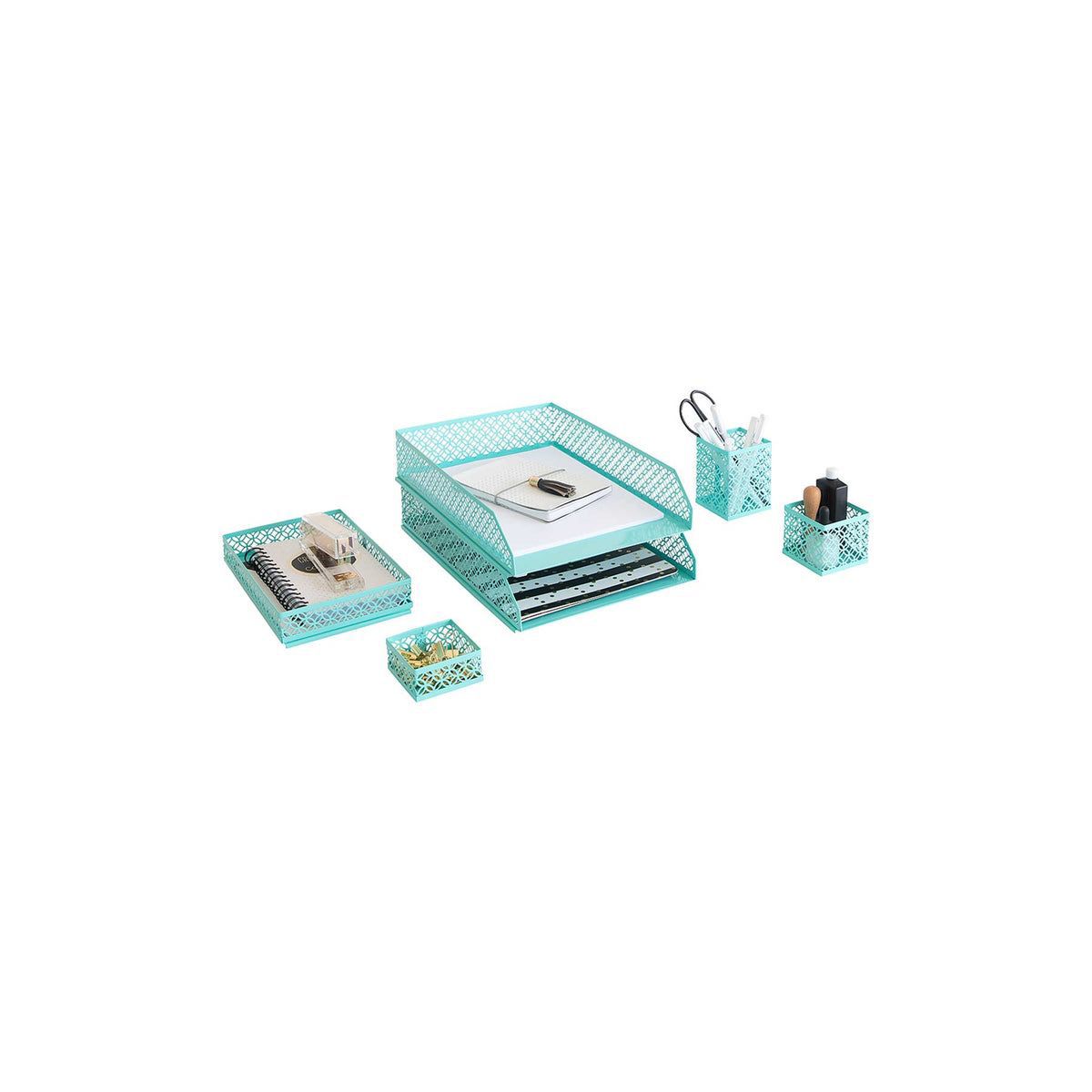 Blu Monaco 6 Piece Interlocking Aqua Desk Organizer Set - Office Organizer - Pen Cup, 3 Accessory Trays, 2 Letter Trays
