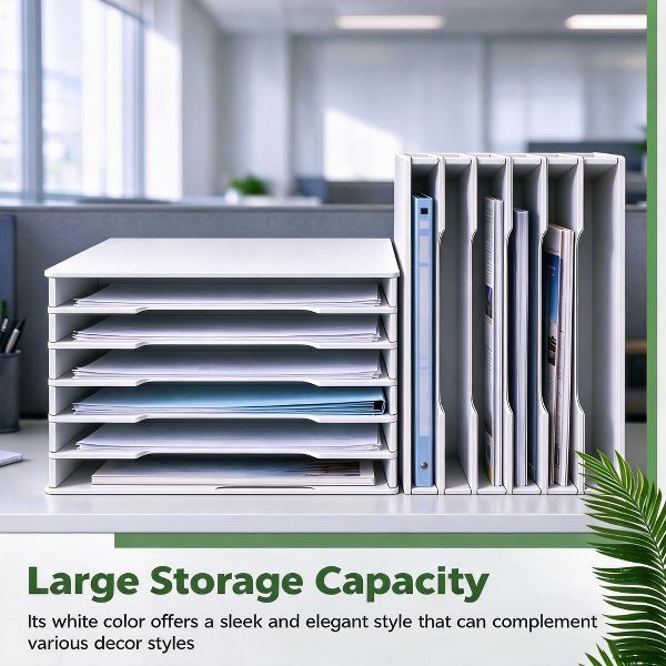 6 Layers Paper Storage Rack, PVC Desktop File Organizer Shelf with Wooden Bookshelf Design, Durable Multi-Layer Document Holder for Office 2 Pack