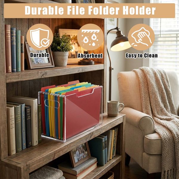 File Organizer Box for Letter Size Hanging Folders, Acrylic Desk File Holder with Portable Handle, Large Envelope File Size for Office