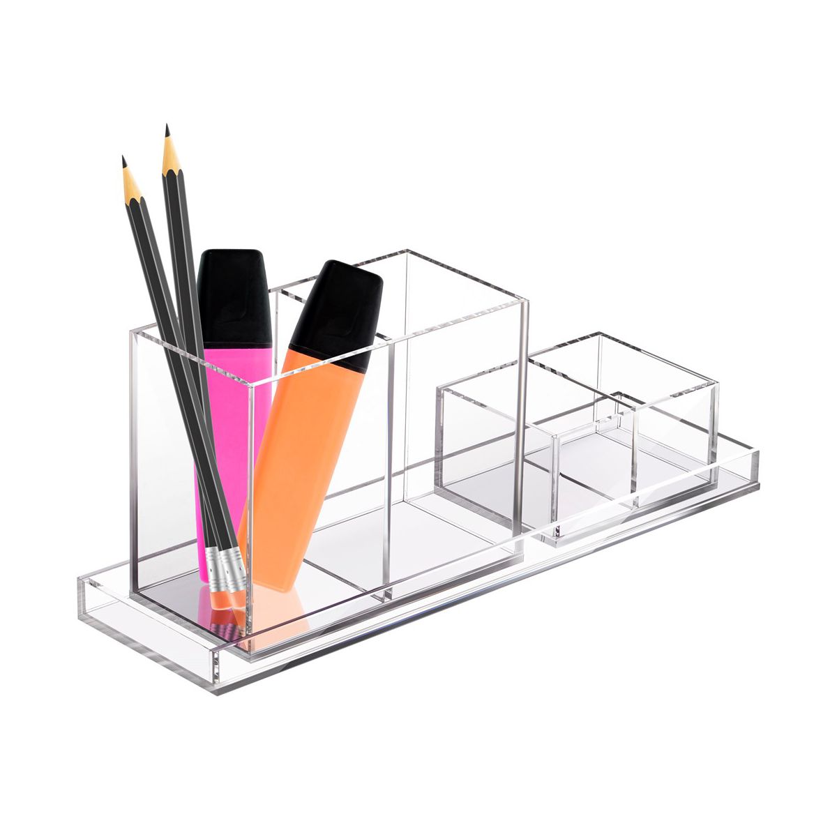 Clear Acrylic Makeup Brush Organizer with Metallic Rose Gold Base, 4 Compartment Office Organizers for Desk - Elavain