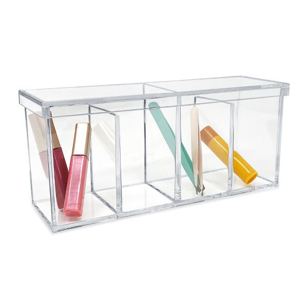 Isaac Jacobs 2-Pack 4-Compartment Clear Acrylic Organizers with Lid (9” L x 3” W x 4” H), Makeup Brush Holder, Sectional Tray (2, Clear)