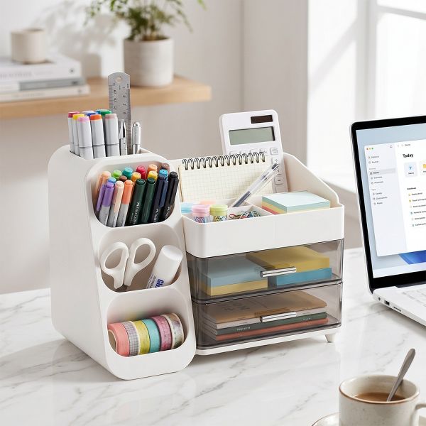 Desktop Organizer with Pen Holder, Multi-Grid Stationary Storage Caddy with 2 Clear Drawers for Office Supplies & Makeup