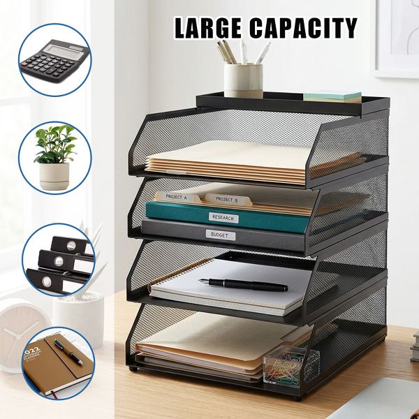 Stackable Mesh Desk Organizer -Metal Document Tray with Top Shelf - Slanted Letter & Folder Holder -for Office or School Desktop Storage，3 layers