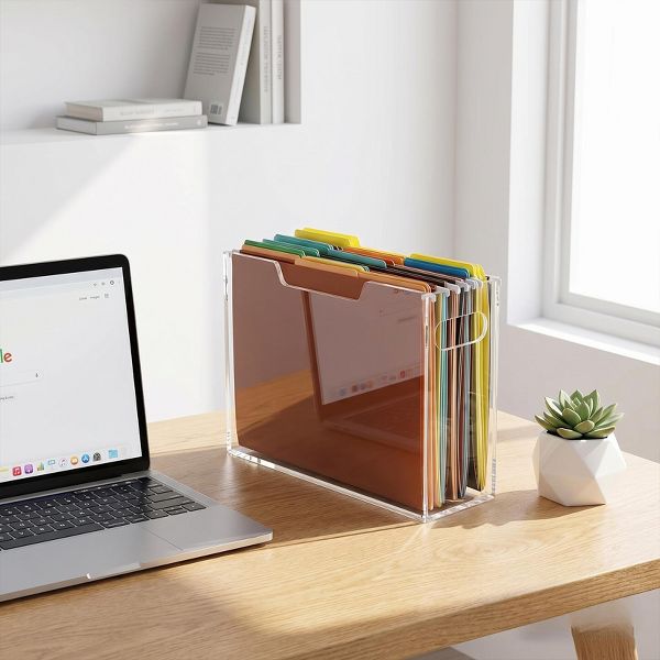 File Organizer Box for Letter Size Hanging Folders, Acrylic Desk File Holder with Portable Handle, Clear Narrow Size Envelope File for Office