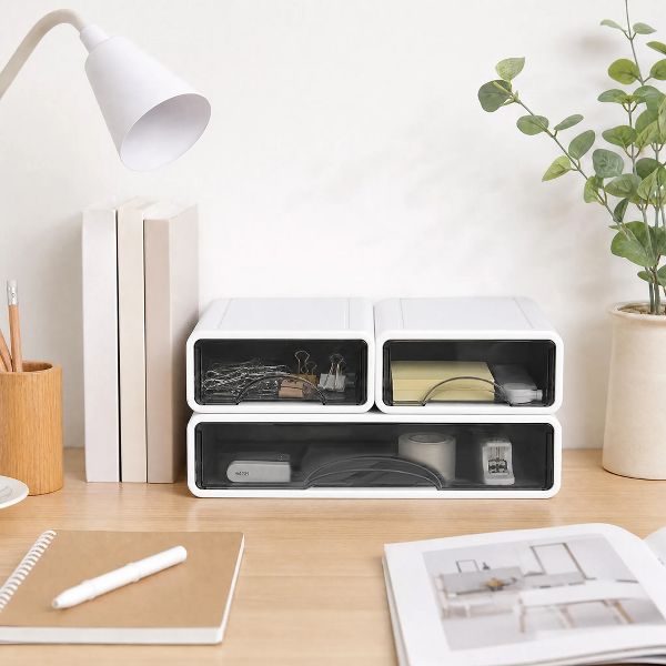 Stackable Storage Drawer with Dividers, Transparent PP Material Desktop Organizer, Includes 1 Large and 2 Small Pieces, White