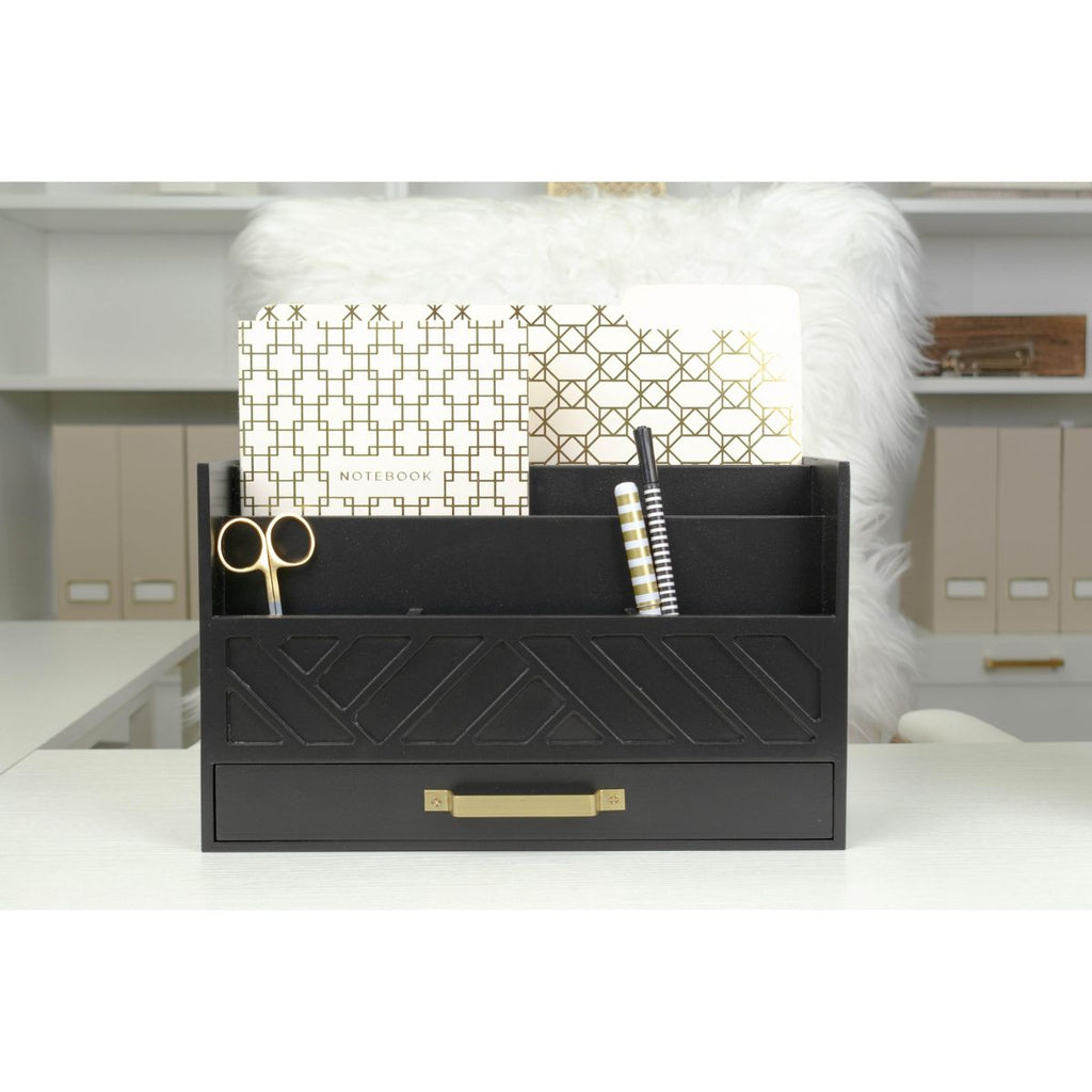 Blu Monaco Black Mail Organizer with Drawer and Gold Handle - Desktop Mail Holder and Office Supplies Storage