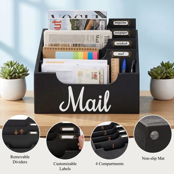 Wooden Mail Organizer Desktop Sorter, Multi-Compartment Countertop Mail Holder with Label Tags, Tabletop Letter Magazine Notebook Stationery Storage