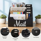 Wooden Mail Organizer Desktop Sorter, Multi-Compartment Countertop Mail Holder with Label Tags, Tabletop Letter Magazine Notebook Stationery Storage