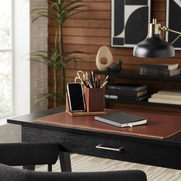 Wireless Charging Stand & Pencil Cup Dark Brown - Threshold™: Desk Organizer, Office Supplies, Faux Leather