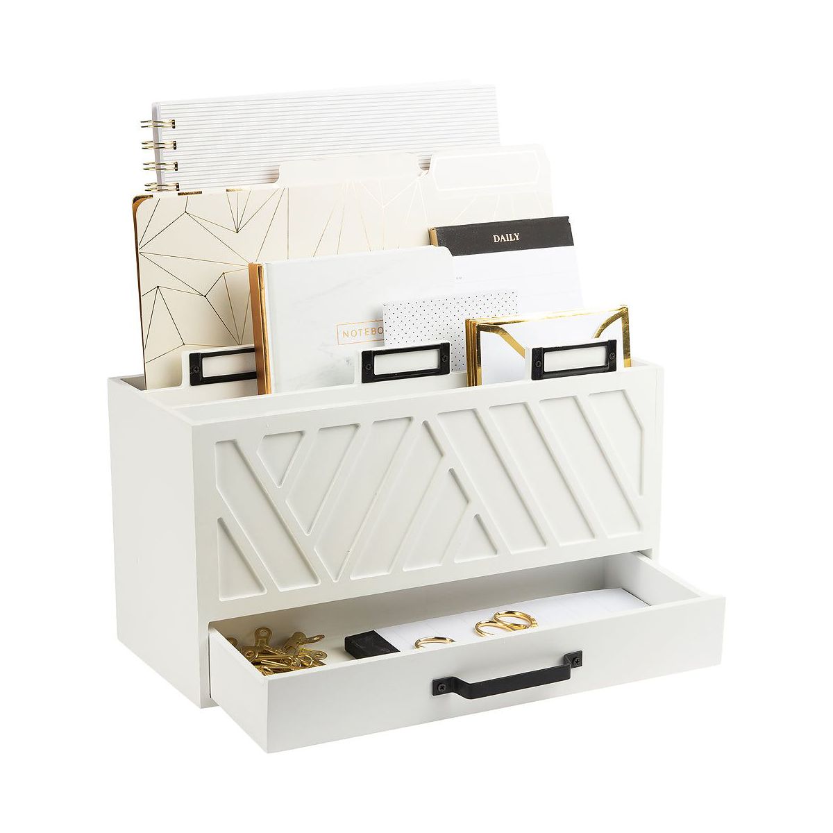 Blu Monaco Grey Desktop Mail Organizer – Three-Tiered with Gold Label Holders and Drawer