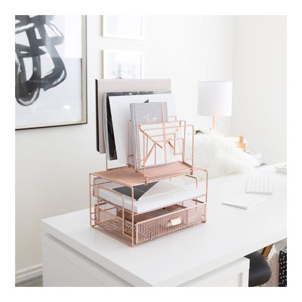 Blu Monaco Workspace Rose Gold Desk Organizer and Accessories Desktop Rack with File sorters and Drawer for Office Supplies, Paper, Device and Folder