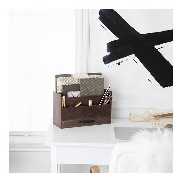 Blu Monaco Black Mail Organizer with Drawer and Gold Handle - Desktop Mail Holder and Office Supplies Storage