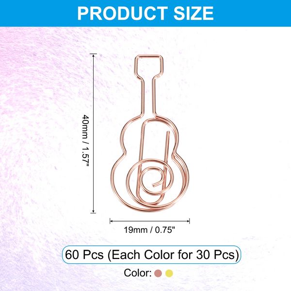 Unique Bargains Metal Decorative Cute Guitar Shape Paper Clip Clamp for Home Office Supplies 60 Pcs Gold/Rose Gold