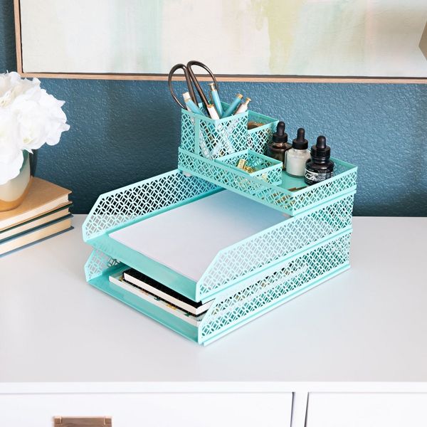 Blu Monaco 6 Piece Interlocking Aqua Desk Organizer Set - Office Organizer - Pen Cup, 3 Accessory Trays, 2 Letter Trays