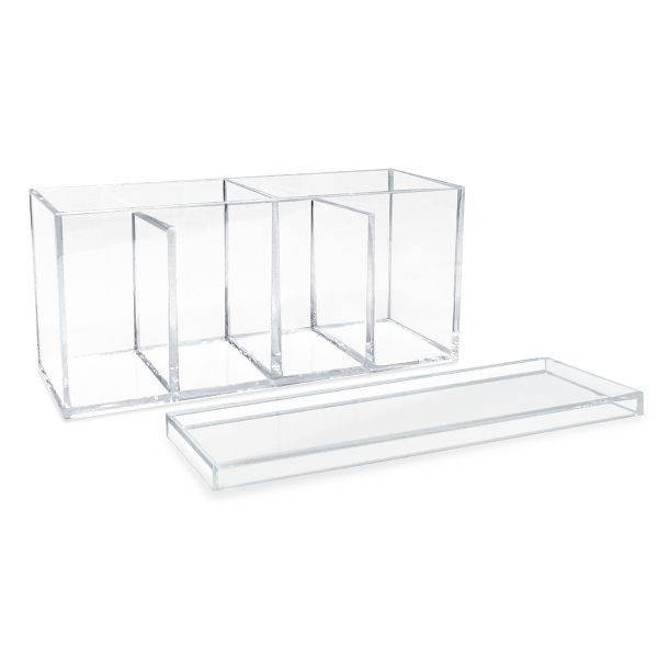 Isaac Jacobs 2-Pack 4-Compartment Clear Acrylic Organizers with Lid (9” L x 3” W x 4” H), Makeup Brush Holder, Sectional Tray (2, Clear)