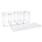 Isaac Jacobs 2-Pack 4-Compartment Clear Acrylic Organizers with Lid (9” L x 3” W x 4” H), Makeup Brush Holder, Sectional Tray (2, Clear)