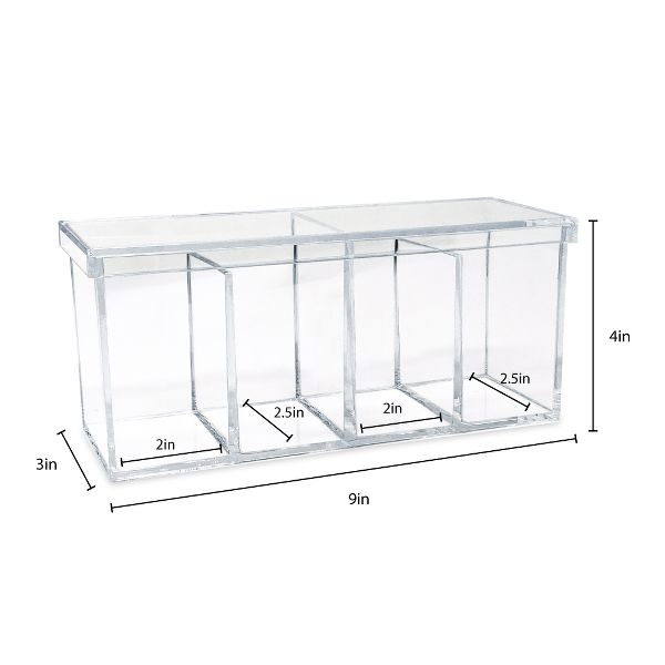 Isaac Jacobs 2-Pack 4-Compartment Clear Acrylic Organizers with Lid (9” L x 3” W x 4” H), Makeup Brush Holder, Sectional Tray (2, Clear)