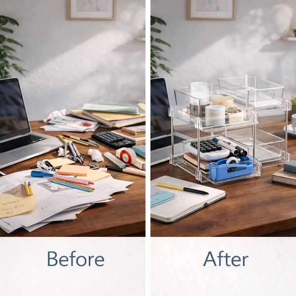 Sorbus 2 Pack Clear 2-Tier Pull-Out Desk & Office Supply Storage Organization Bins