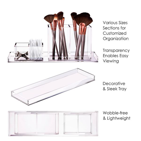 Clear Acrylic Makeup Brush Organizer with Metallic Rose Gold Base, 4 Compartment Office Organizers for Desk - Elavain