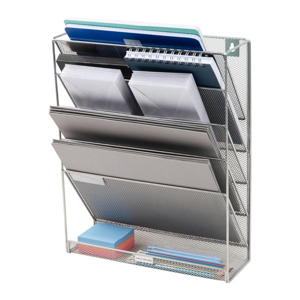Mind Reader 5-Tier Vertical File Storage, Desktop Organizer, Wall Mount, Office, Metal Mesh, 12.75"L x 4"W x 16"H, Silver: Office Supplies
