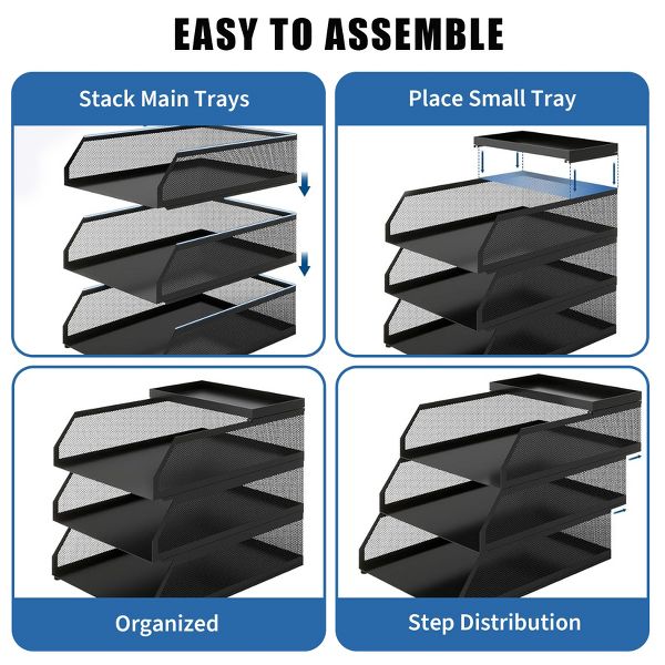 Stackable Mesh Desk Organizer -Metal Document Tray with Top Shelf - Slanted Letter & Folder Holder -for Office or School Desktop Storage，3 layers