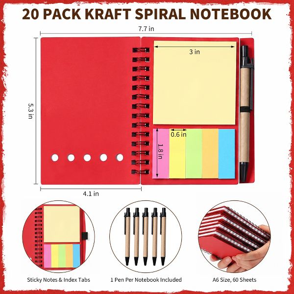 20 Pcs Spiral Notebooks with Sticky Notes & Pens, Kraft Cover Lined Journals with Colored Index Tabs for Office, School & Travel