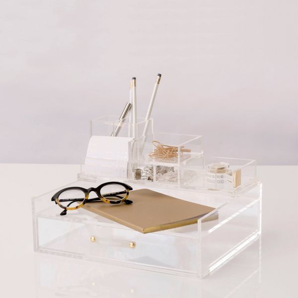 RUSSELL + HAZEL Acrylic Pencil Bloc: Clear Desk Organizer & Holder, Office Supplies, 4x4x4 Acrylic Pencil Holder