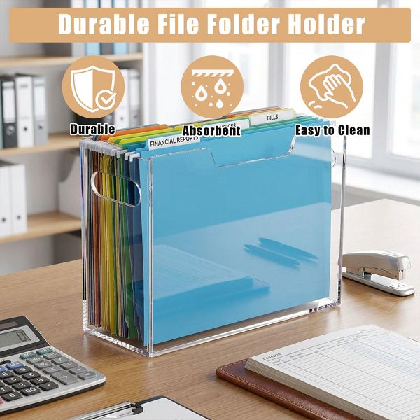 File Organizer Box for Letter Size Hanging Folders, Acrylic Desk File Holder with Portable Handle, Medium Size Envelope File Organizer Set for Office