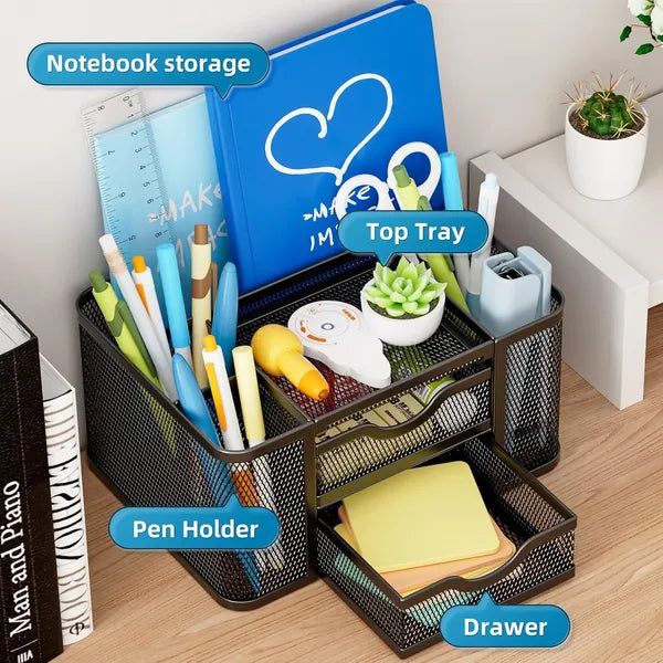 Aeelleea Mesh Desk Organizer, 7.67×5.51×3.93 Inch Desktop Caddy with 2 Drawers & 5 Compartments, Black Metal Pencil Holder for Office Art Supplies