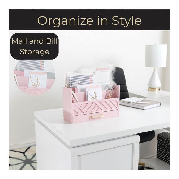 Blu Monaco Black Mail Organizer with Drawer and Gold Handle - Desktop Mail Holder and Office Supplies Storage